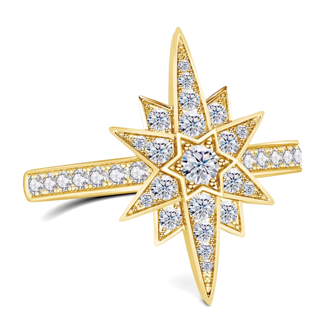 Close-up of prong-set moissanite star ring in gold