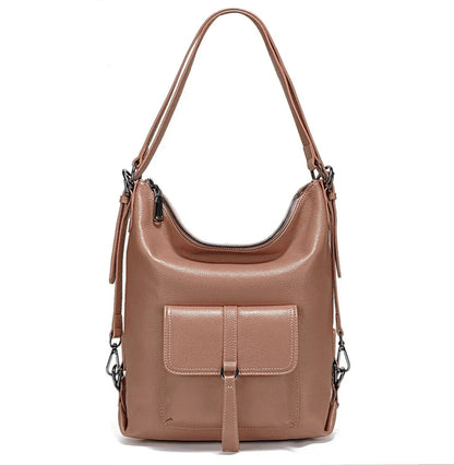 VersaLuxe Khaki Leather Shoulder Bag – Large-Capacity Convertible Handbag - Elegantia