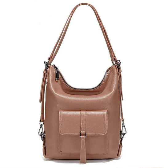 VersaLuxe Khaki Leather Shoulder Bag – Large-Capacity Convertible Handbag - Elegantia