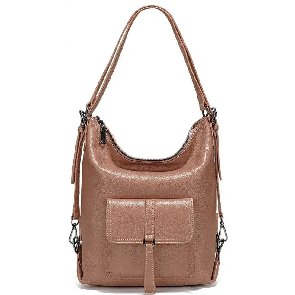 khaki leather shoulder bag – large-capacity convertible handbag - Elegantia