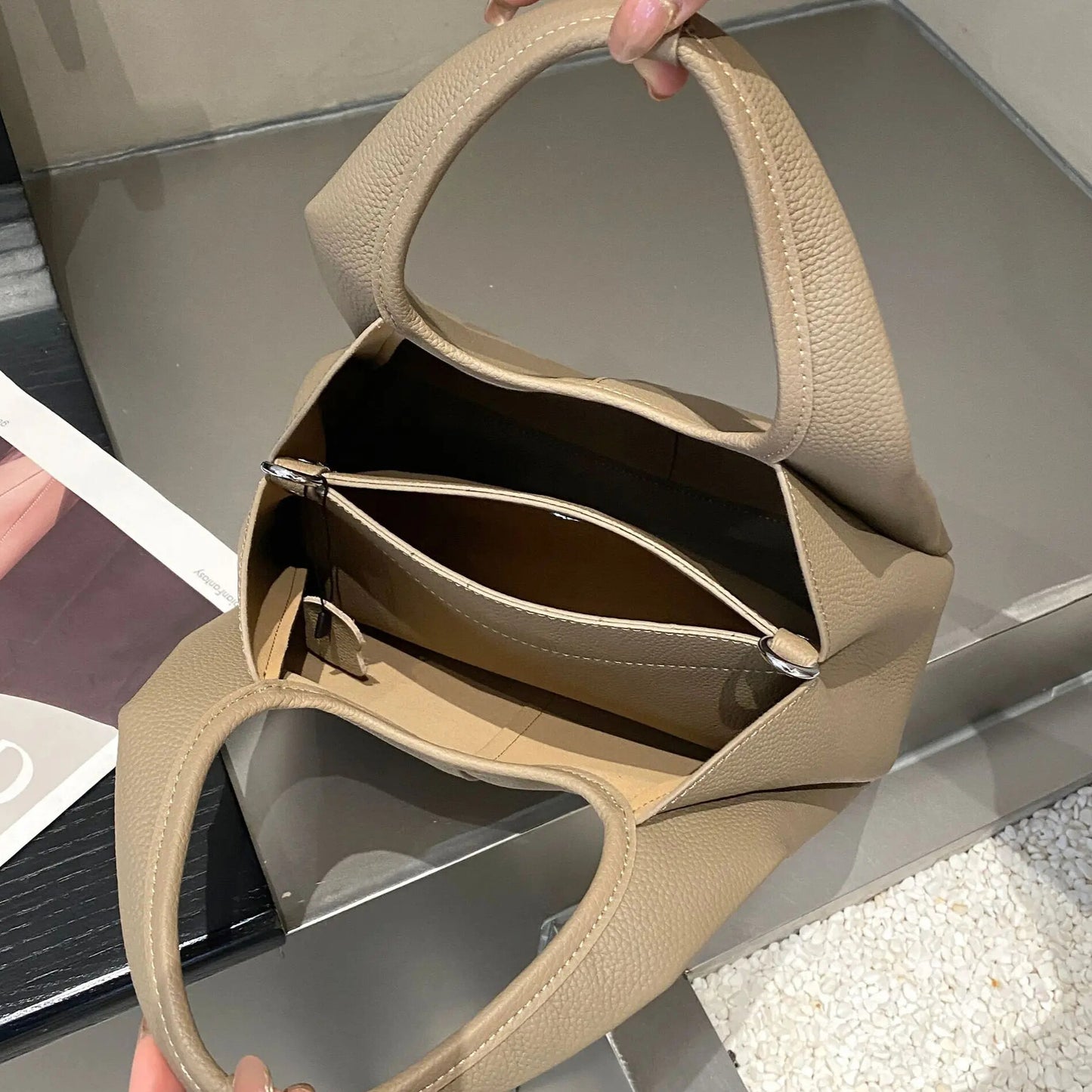 classic leather tote handbag with shoulder strap