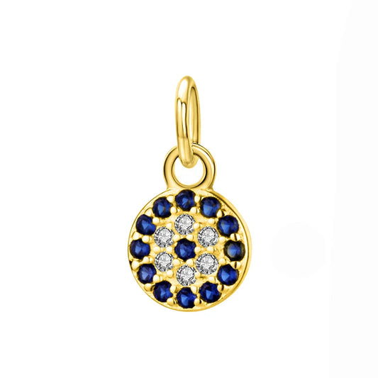 Dainty 6 mm silver and gold evil eye pendant — close-up on cubic zirconia