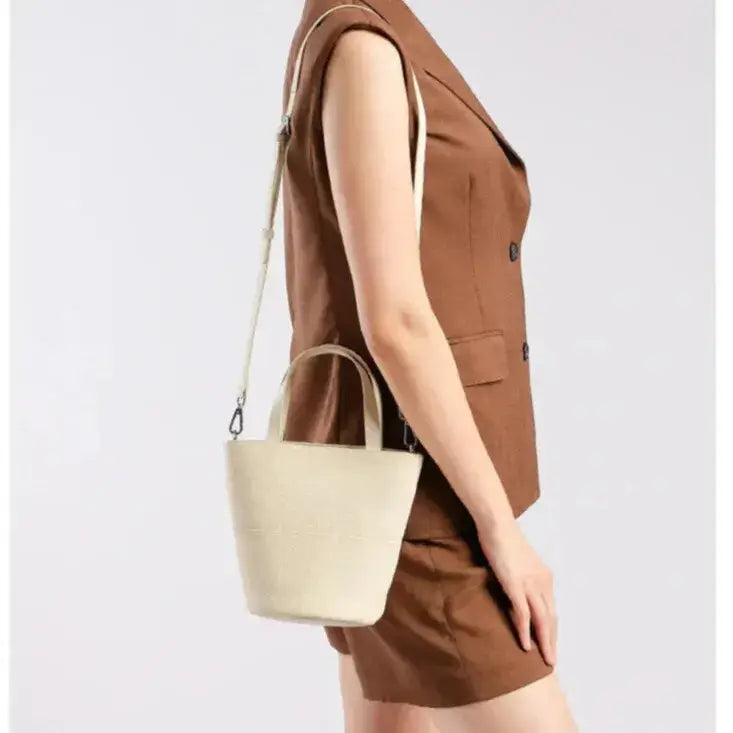 genuine leather bucket bag beige with soft structured shape