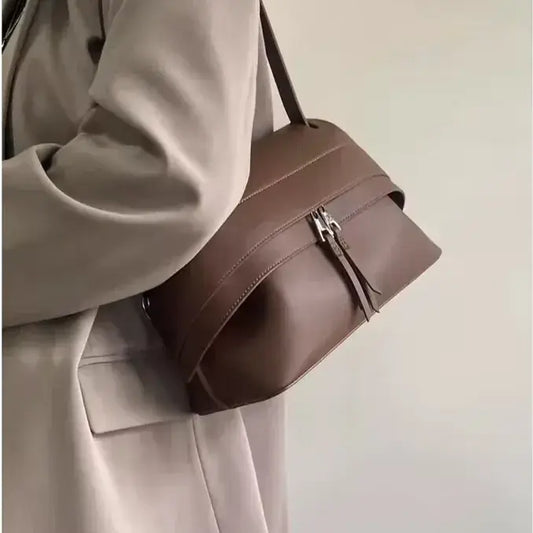 luxure brown leather shoulder bag lifestyle view