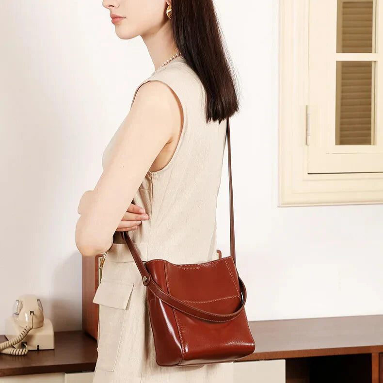 womens brown soft leather bucket crossbody
