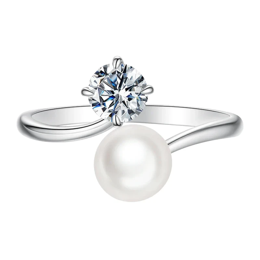 Open 925 sterling-silver ring with 0.5ct moissanite and freshwater pearl