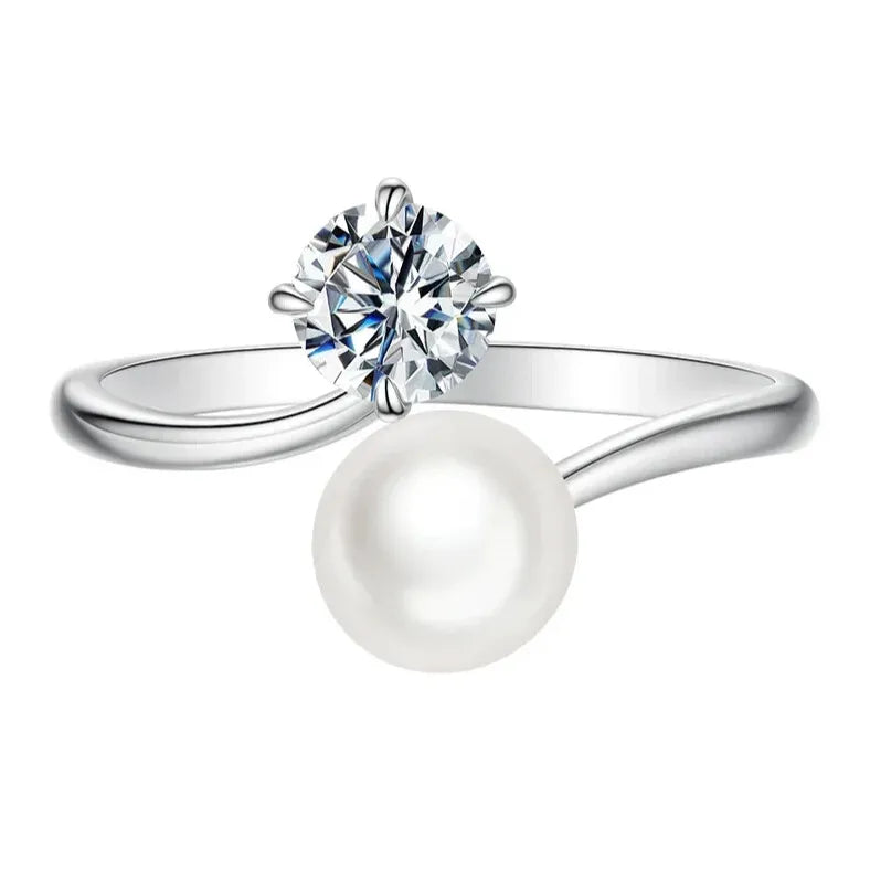 open ring with moissanite and freshwater pearl elegant jewellery