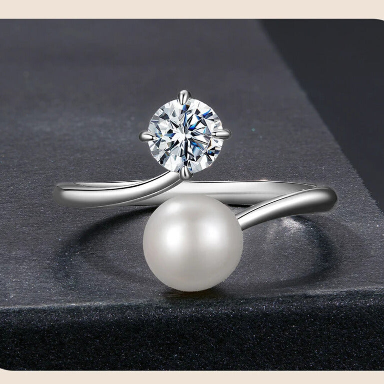 Elegant women’s moissanite pearl ring — adjustable open band
