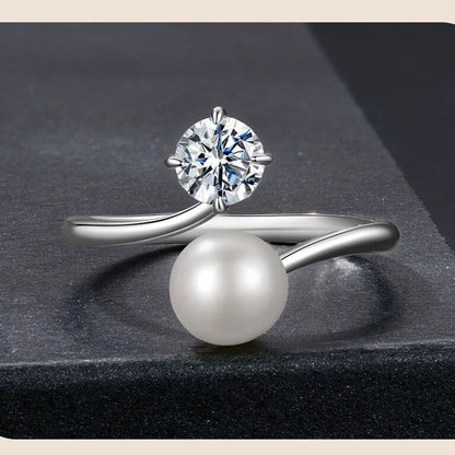 Elegant women’s moissanite pearl ring — adjustable open band