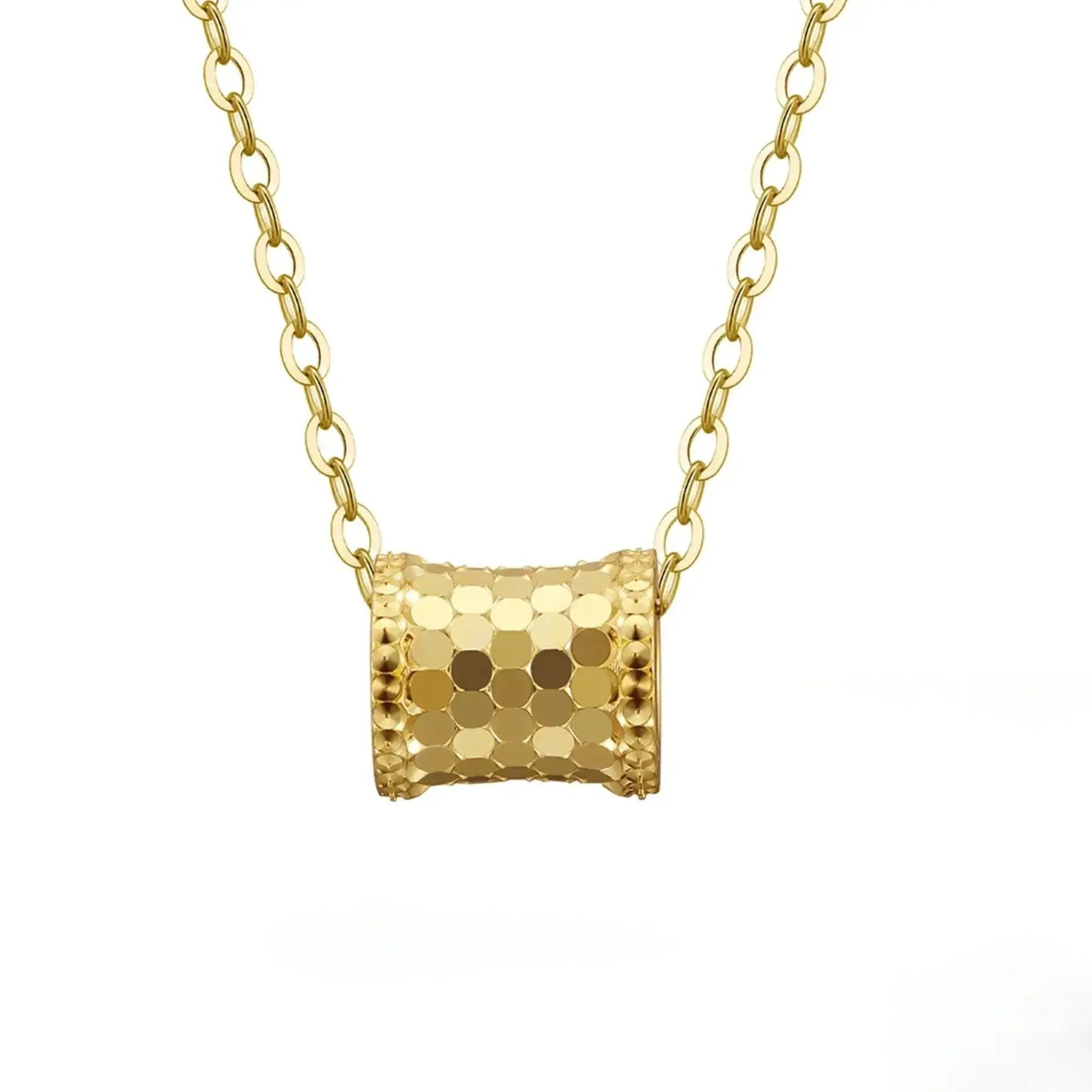 gold tone vintage pendant necklace hung on white background