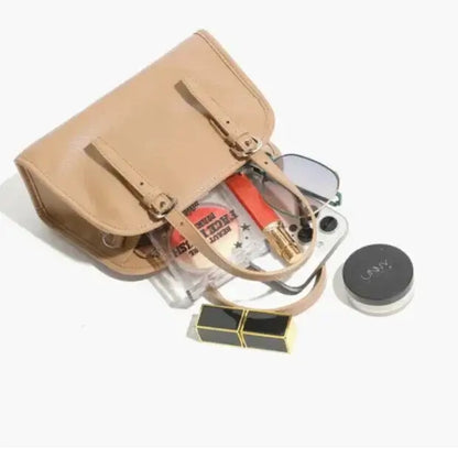 minimalist beige leather bag organised interior