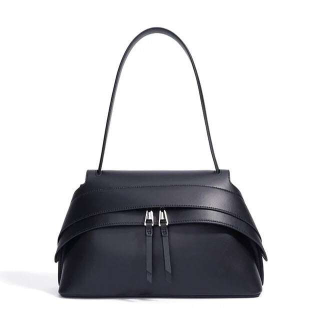 Fashionable black shoulder bag with zipper and soft leather finish