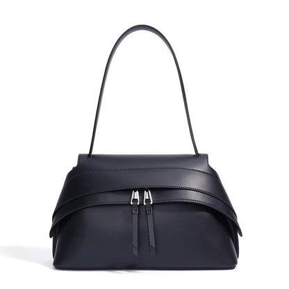 Fashionable black shoulder bag with zipper and soft leather finish