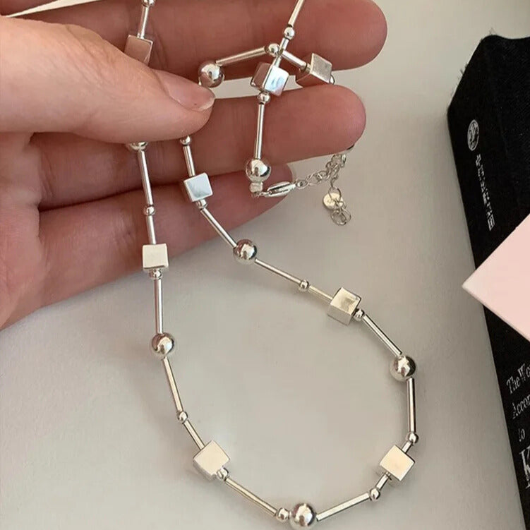 925 sterling silver geometric bead choker, Korean-style