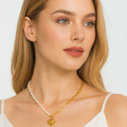 pearl necklace with gold heart pendant  on model