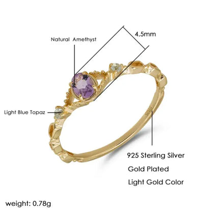 natural amethyst oval stone ring gold plated detail
