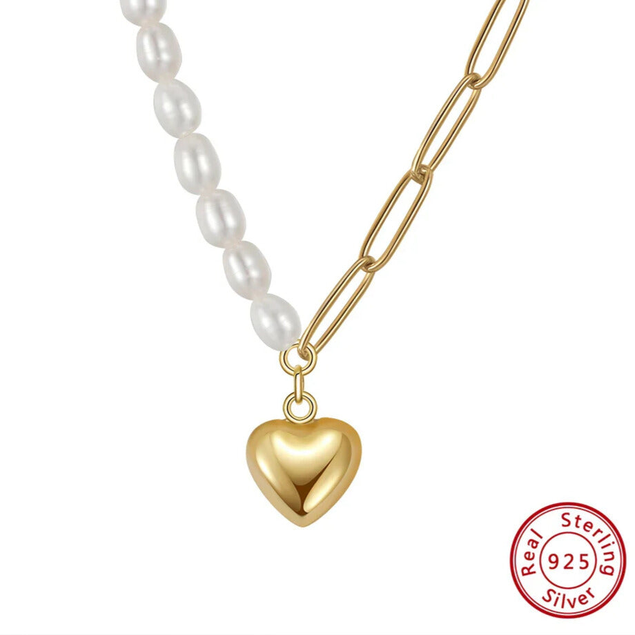 Gold heart pendant necklace with cultured pearl jewellery for woman
