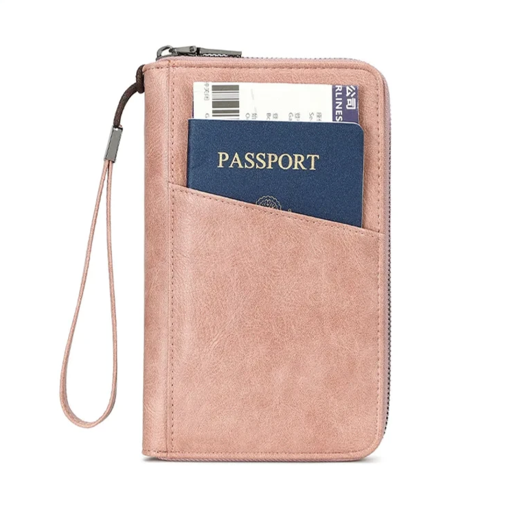 Travel passport holder with card slots pink