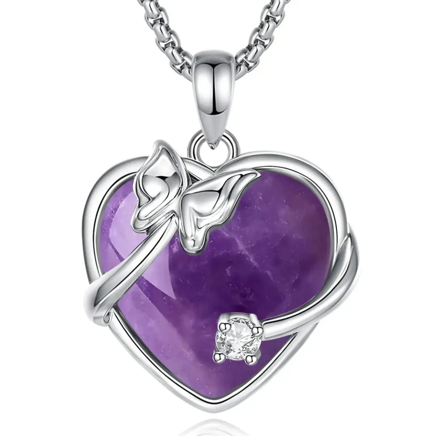 amethyst heart pendant necklace platinum rhodium stainless steel front view