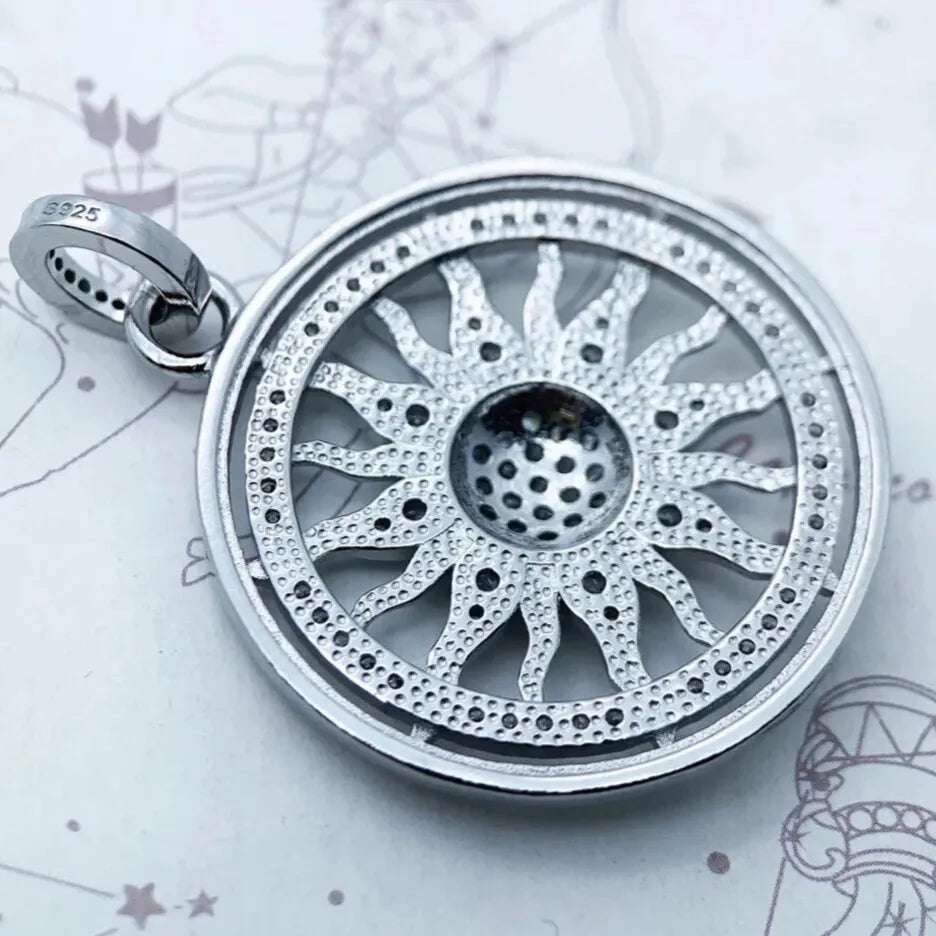 silver sun pendant rhodium finish bright shine back view