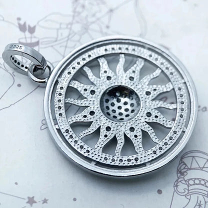 silver sun pendant rhodium finish bright shine back view