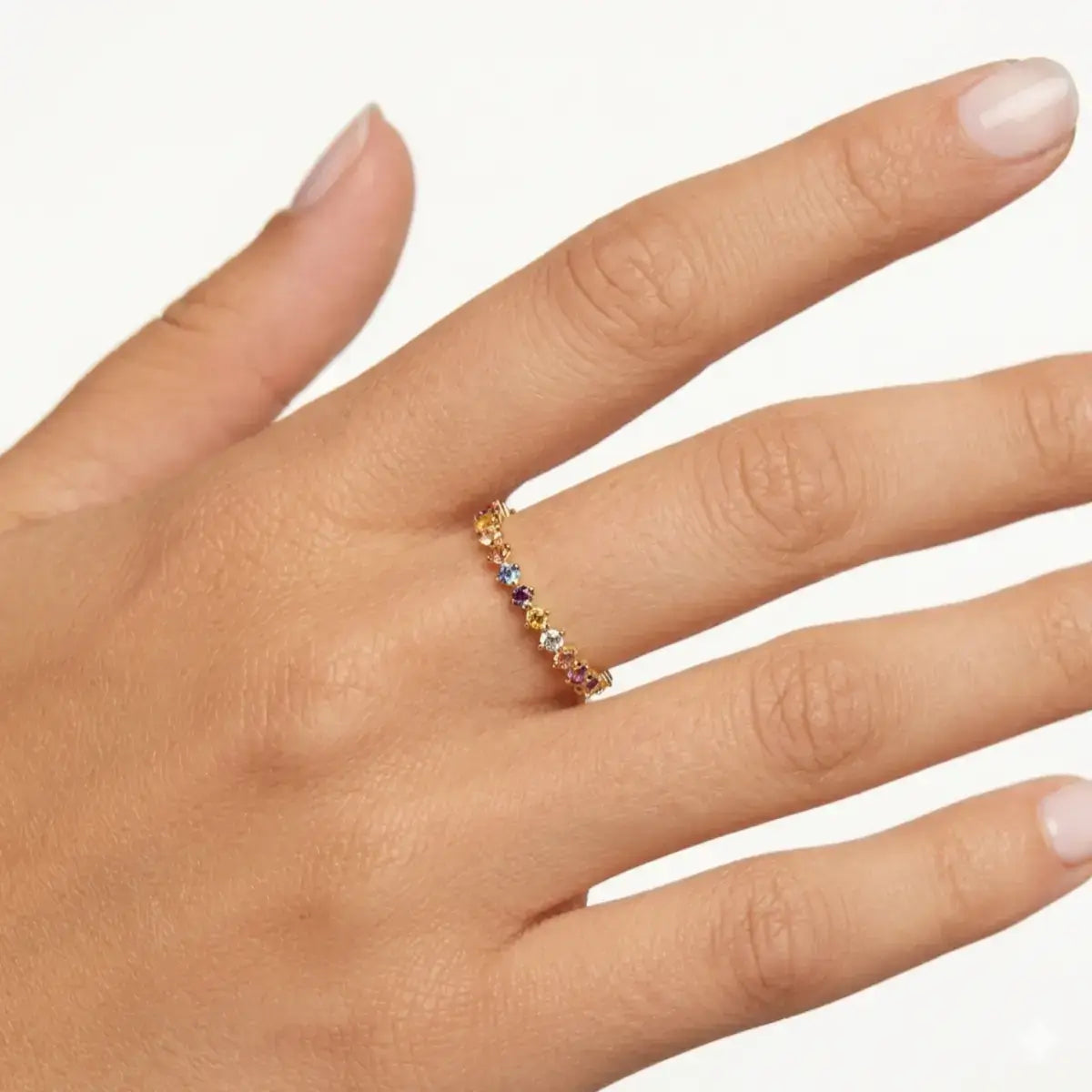 Zircon full eternity ring crafted in 925 sterling silver with vibrant multicolour stones.