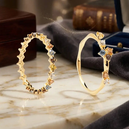 Stackable multicolour zircon eternity rings in 925 sterling silver full and half band styles.