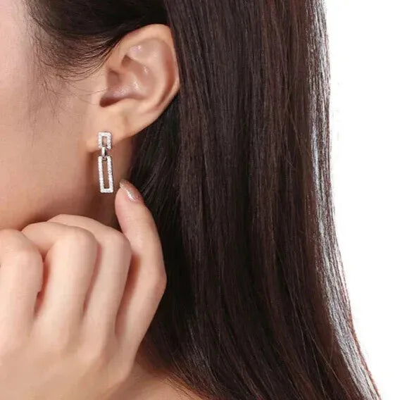 elegant silver rectangle earrings lifestyle photo