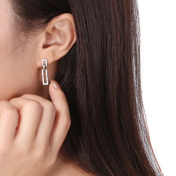 rectangle sterling silver cz earrings on ear elegantia