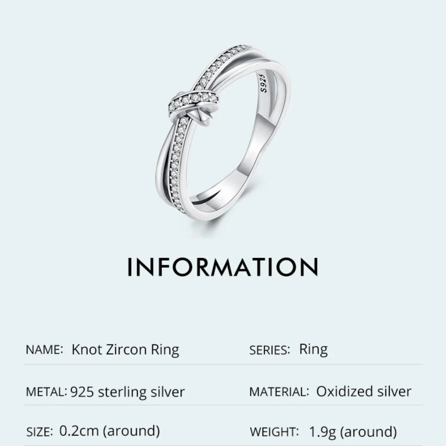 Vintage knot band ring, sterling silver CZ, platinum-plated finish information