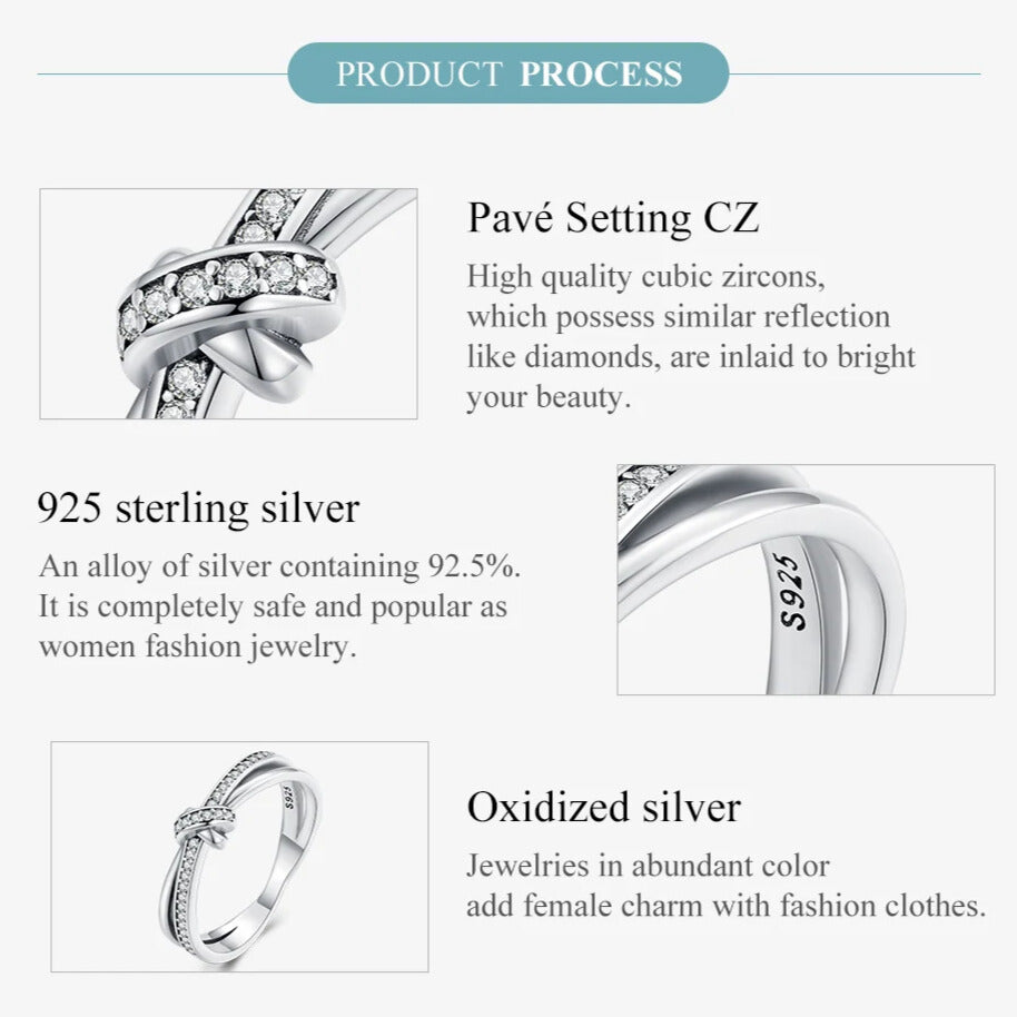 Side profile of stacking bezel knot ring, platinum-plated 925 silver with cubic zirconia