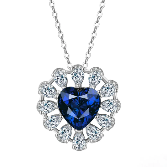 Exquisite sapphire heart pendant necklace in 925 sterling silver, halo detail