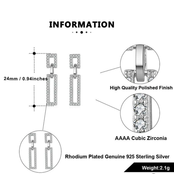 silver rectangle CZ drop earring, light-luxury geometric design for parties