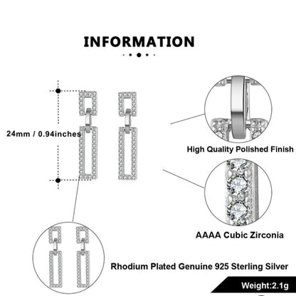 silver rectangle CZ drop earring, light-luxury geometric design for parties