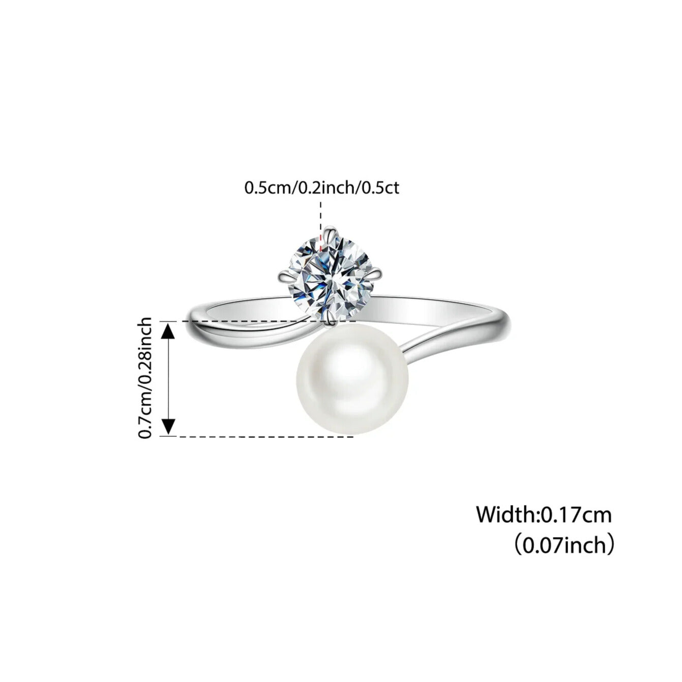 Open 925 sterling-silver ring with 0.5ct moissanite and freshwater pearl for woman