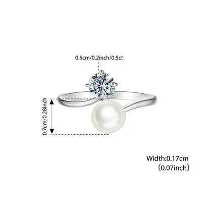 Open 925 sterling-silver ring with 0.5ct moissanite and freshwater pearl for woman