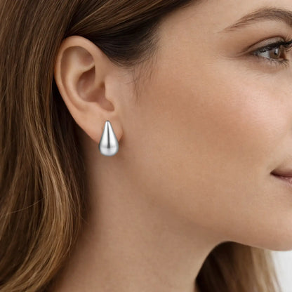 stud teardrop earrings in sterling silver, soft water-drop inspired shape