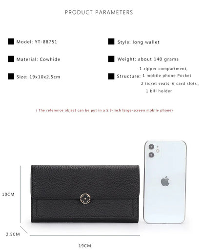 Women’s Genuine Leather Long Wallet – First-Layer Cowhide Clutch Purse