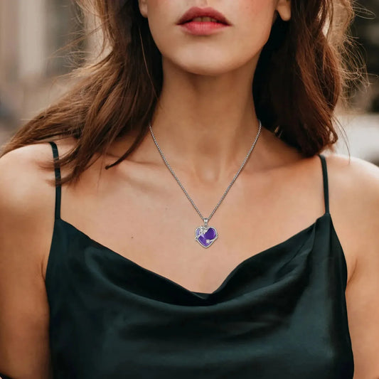 amethyst heart pendant worn on model neck