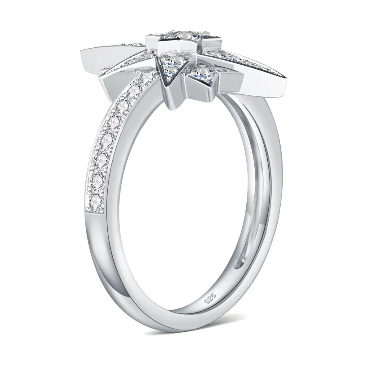 women’s sterling silver moissanite ring angled view