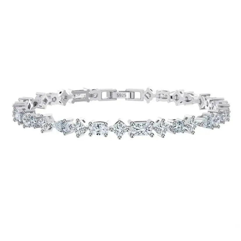 sterling silver tennis bracelet with round, oval and teardrop zircon stones