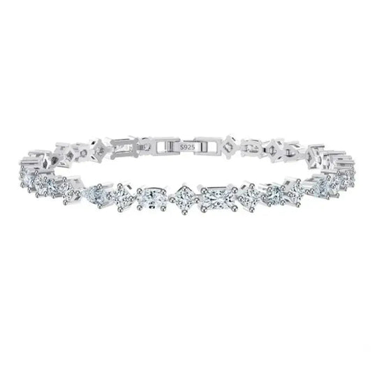 sterling silver tennis bracelet with round, oval and teardrop zircon stones