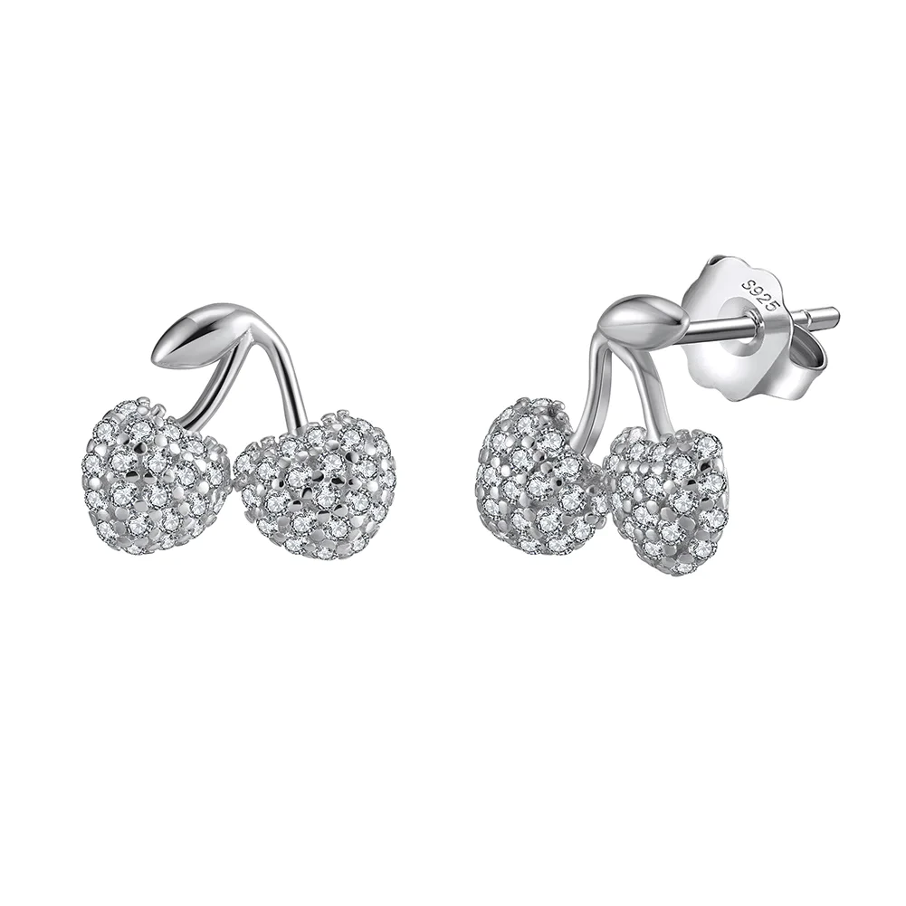 sterling silver cherry stud earring with 5a cubic zirconia stones
