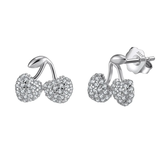 sterling silver cherry stud earring with 5a cubic zirconia stones