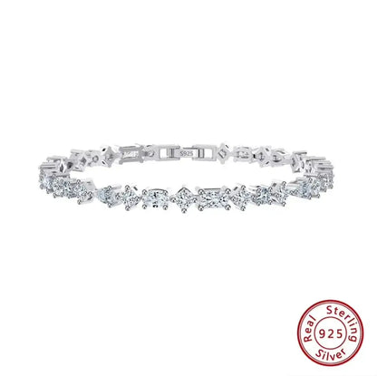 close-up of mixed-cut zircon stones on sterling silver tennis bracelet