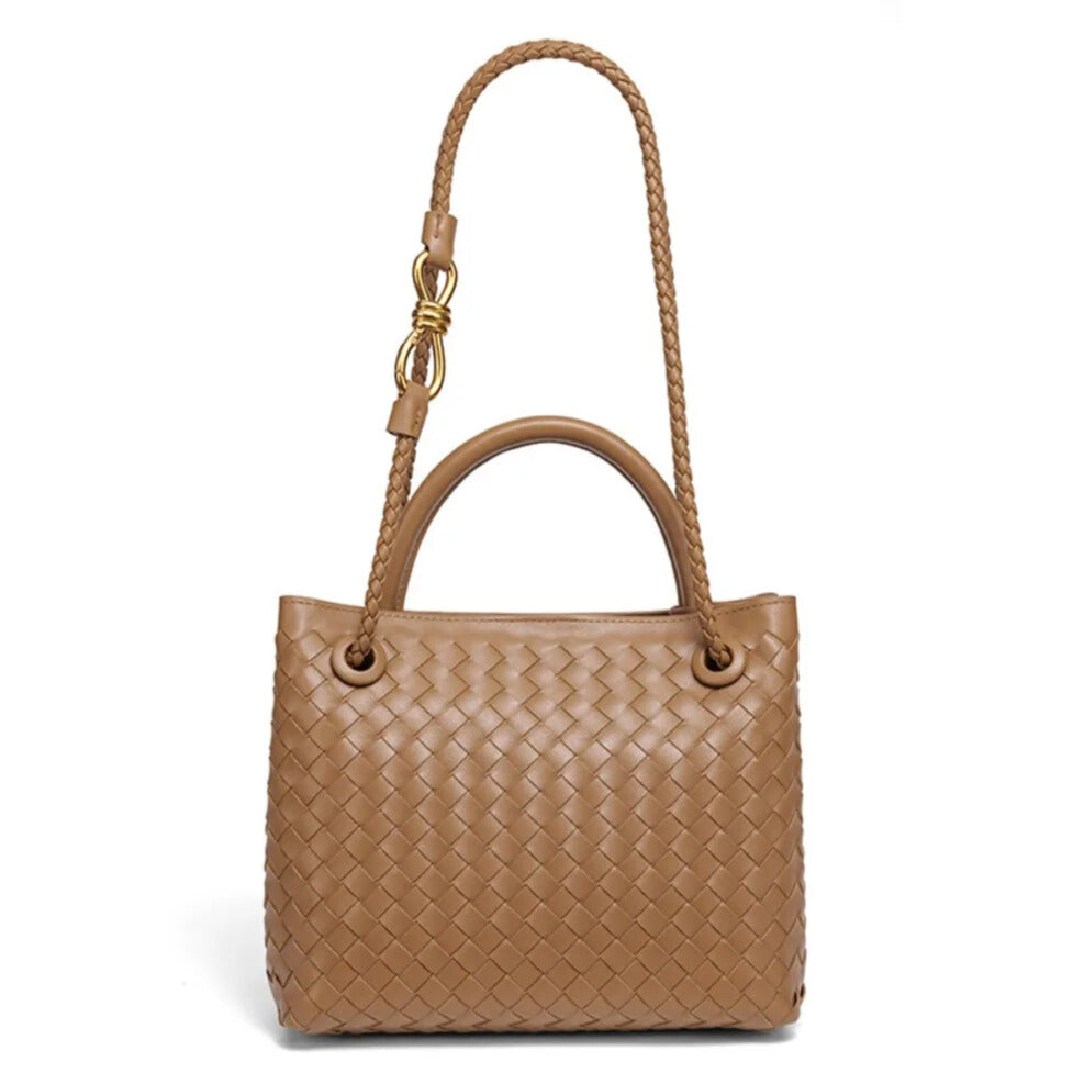 Designer leather tote bag beige with spacious interior for work and travel