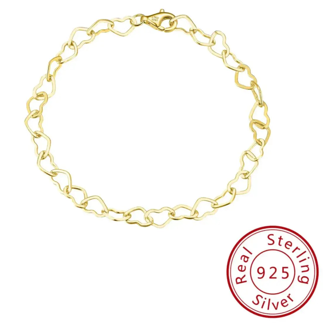 High-polish gold heart link bracelet in real sterling silver