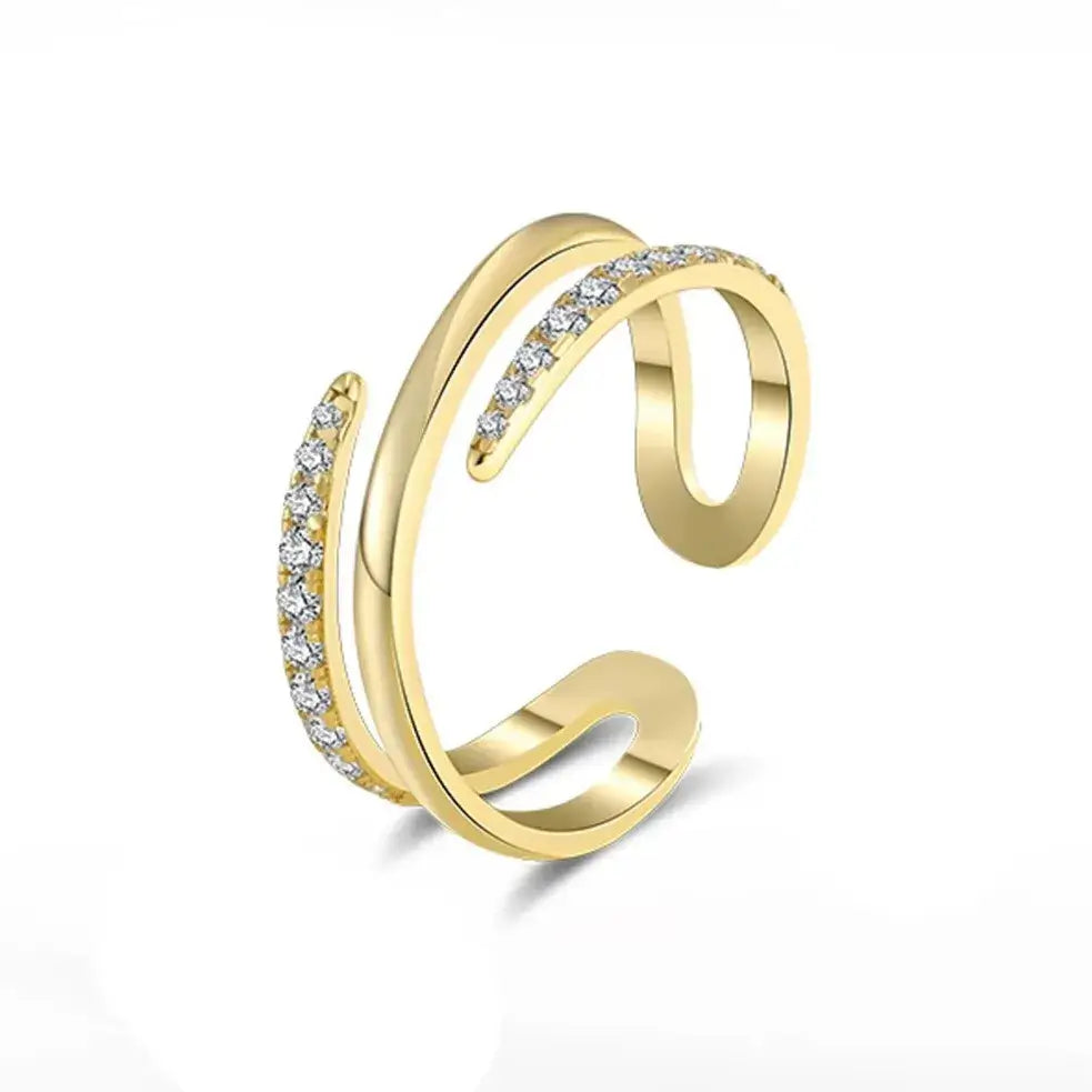 triple open gold ring with three-layer design