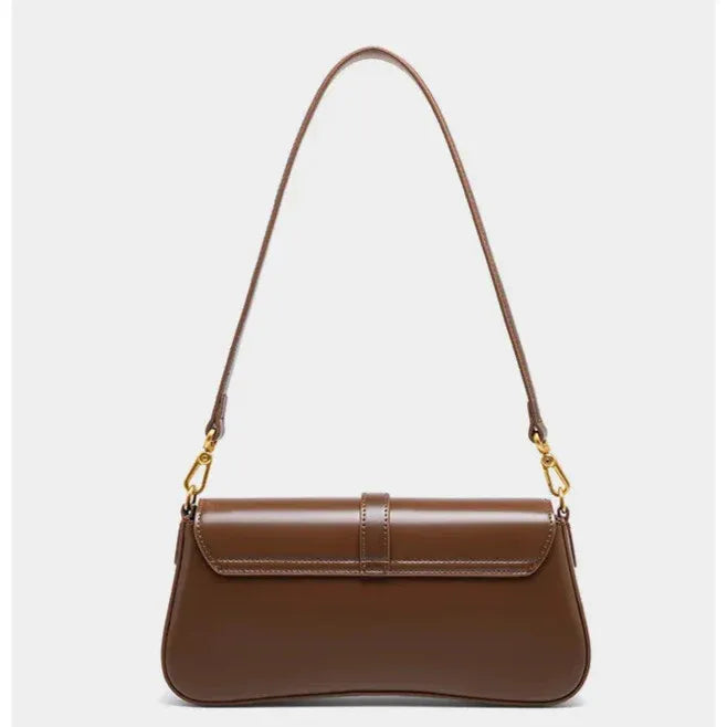 quiet luxury brown leather handbag back view