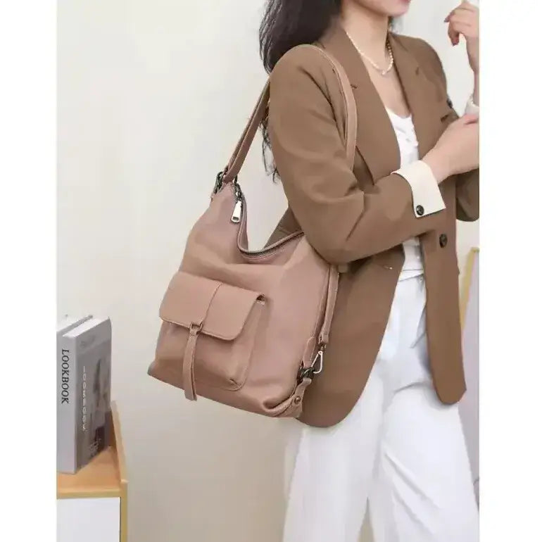 versaluxe khaki on model shoulder wear